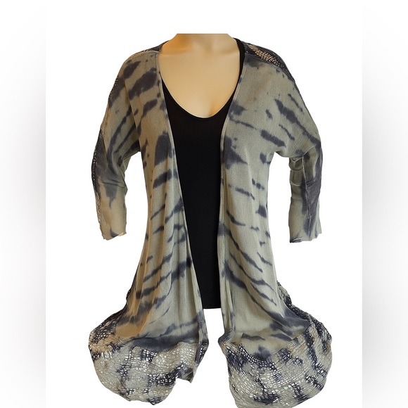 BUCKLE LIGHT BLUE AND DARK BLUE CARDIGAN WITH KNIT LACE - Picture 1 of 7